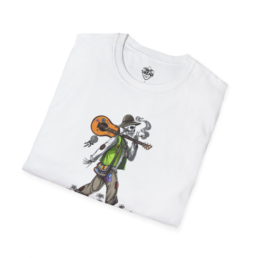 Festival Vibes Unisex Softstyle T-Shirt - Skull Guitar Graphic Tee, Music Lover Gift, Boho Apparel, Unisex Summer Shirt, Cool Casual Wear
