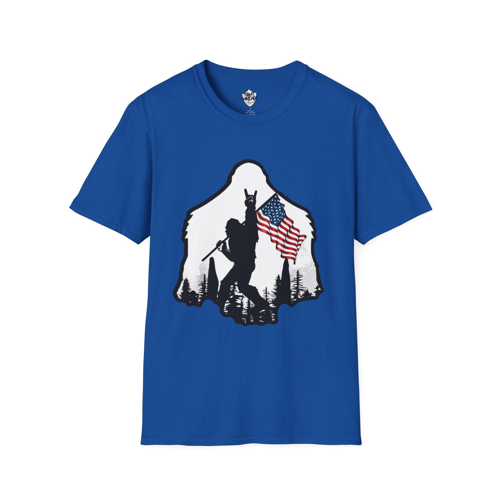 Bigfoot Silhouette Holding American Flag T-Shirt | Forest Outdoors Patriot