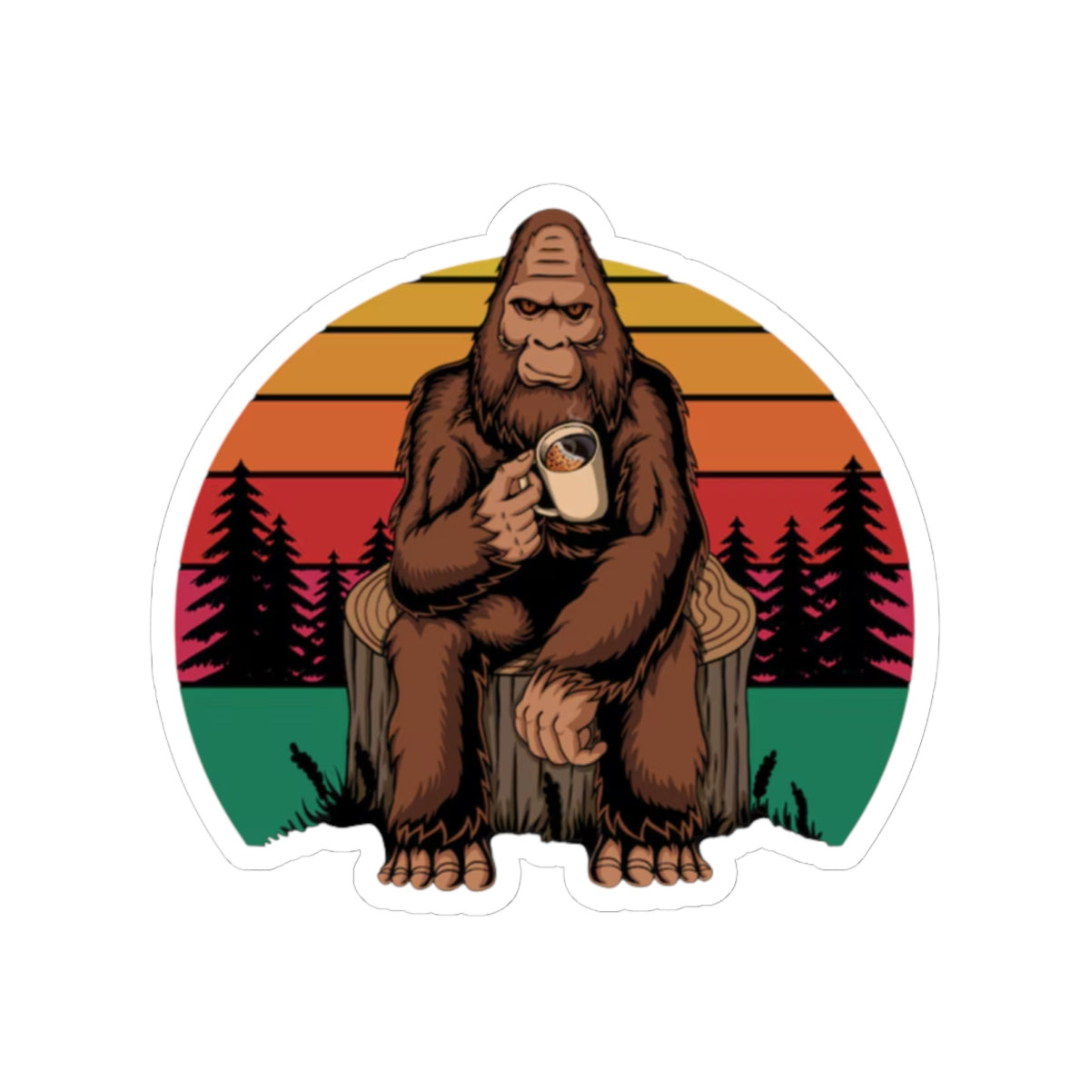 Coffee Drinking Bigfoot Kiss-Cut Sticker | Sasquatch Retro Sunset