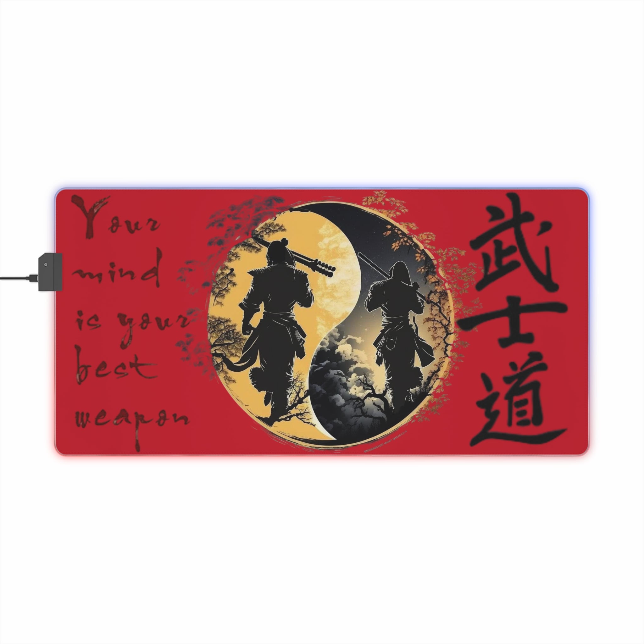 Samurai Yin Yang LED Gaming Mouse Pad | Warrior Silhouette, Kanji, Motivational Quote