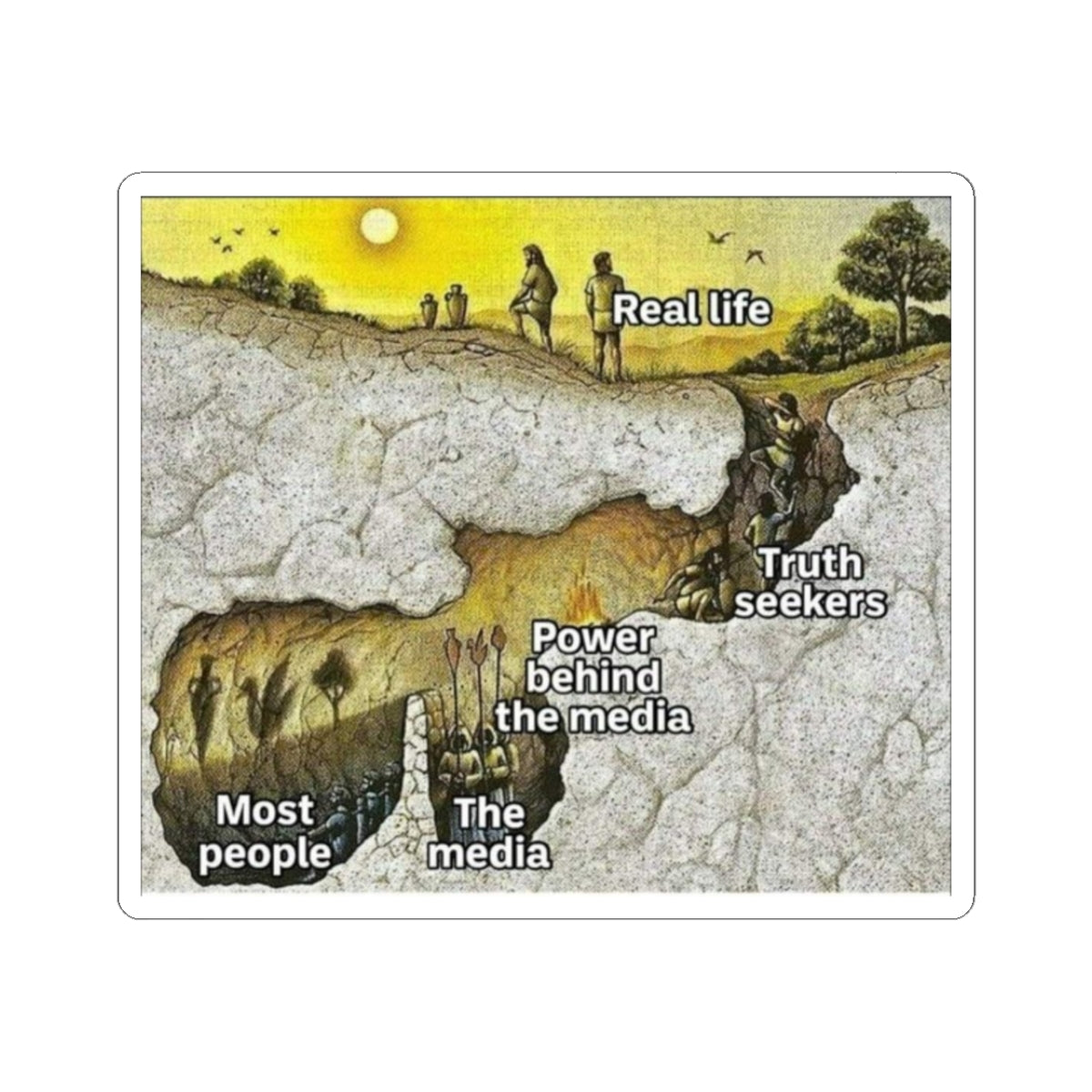Plato's Cave Kiss-Cut Stickers - Art for Truth Seekers, Laptop Adornment, Journal Decor, Gift for Media Awareness, Unique Wall Art