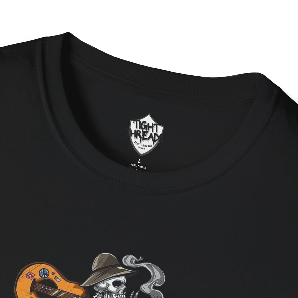 Festival Vibes Unisex Softstyle T-Shirt - Skull Guitar Graphic Tee, Music Lover Gift, Boho Apparel, Unisex Summer Shirt, Cool Casual Wear