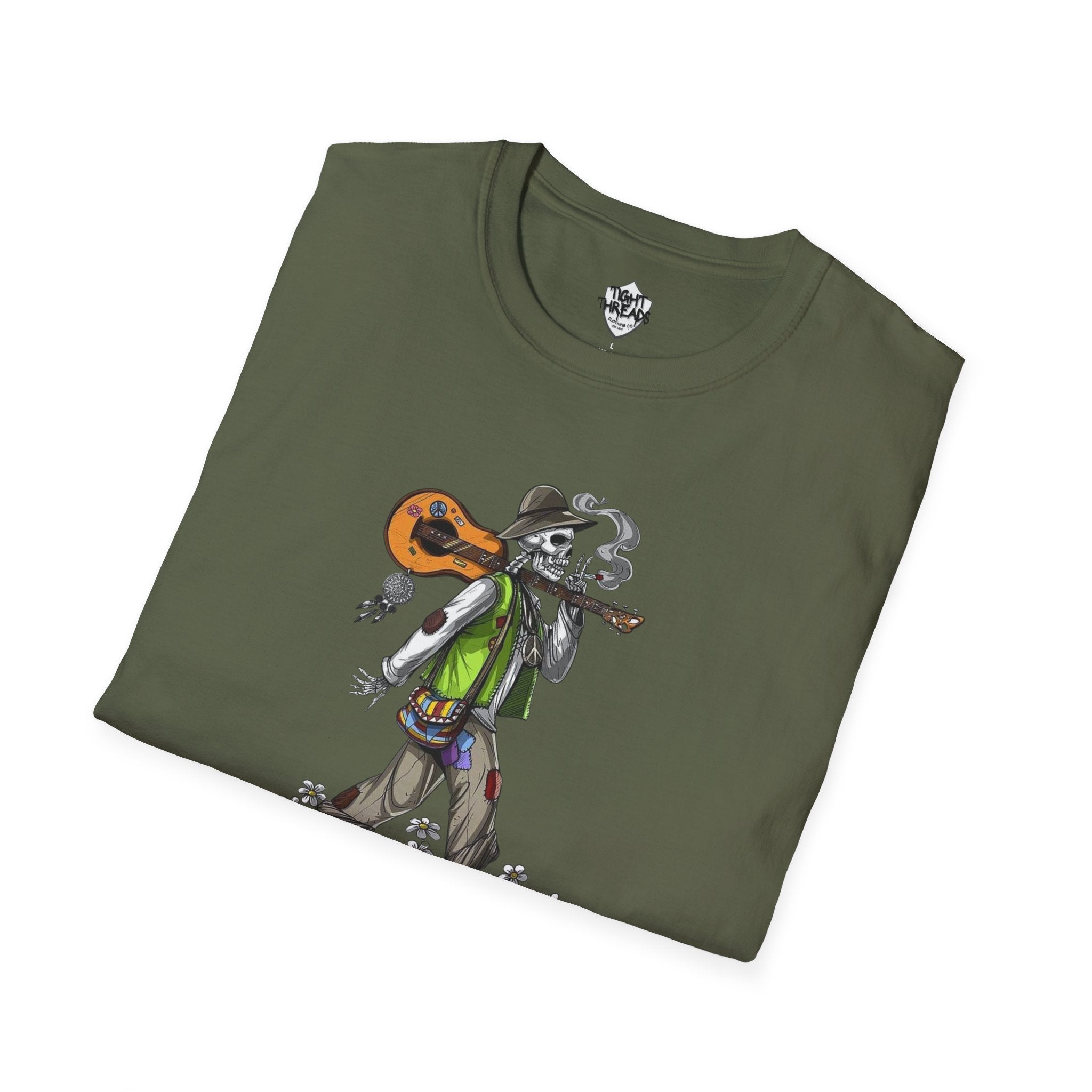 Festival Vibes Unisex Softstyle T-Shirt - Skull Guitar Graphic Tee, Music Lover Gift, Boho Apparel, Unisex Summer Shirt, Cool Casual Wear