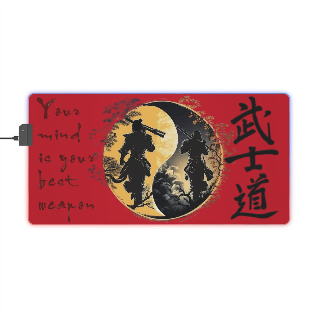 Samurai Yin Yang LED Gaming Mouse Pad | Warrior Silhouette, Kanji, Motivational Quote