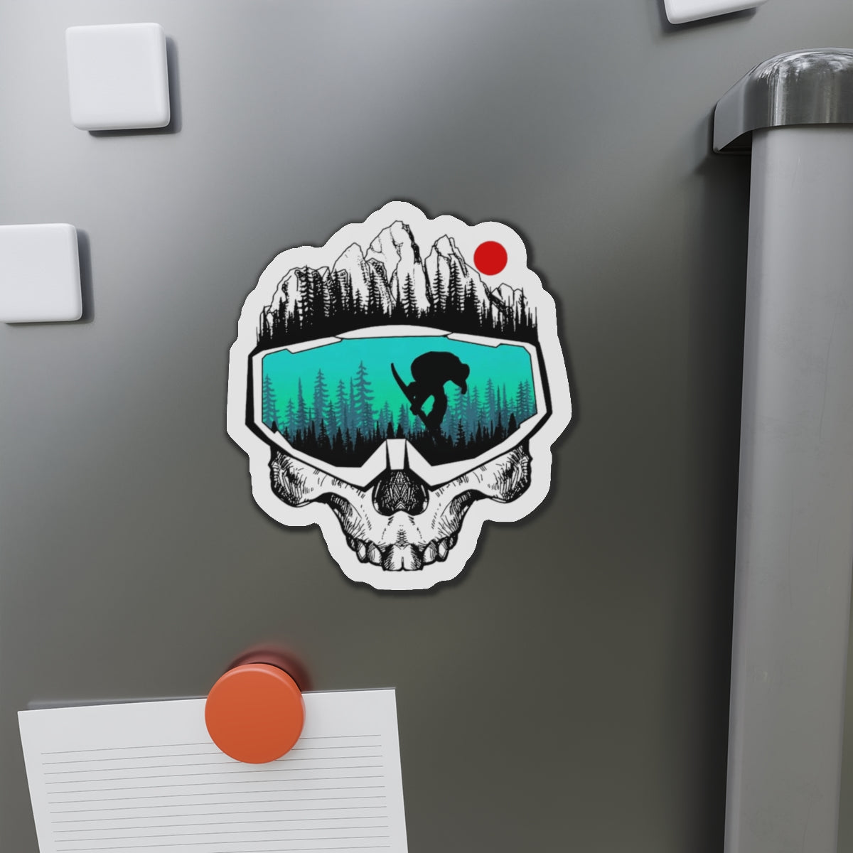 Skull Goggles Snowboarder Die-Cut Magnet | Mountain, Forest, Red Sun