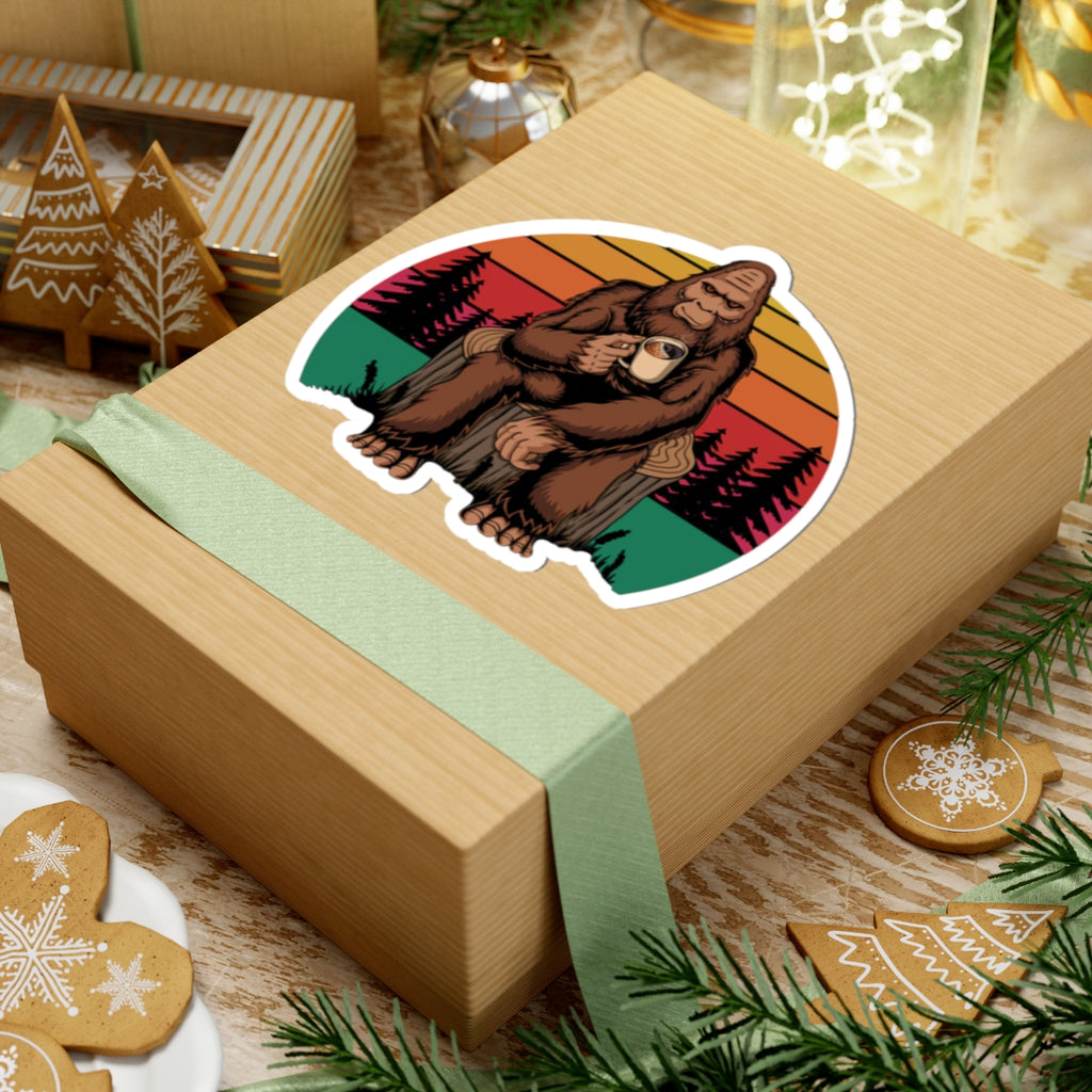 Coffee Drinking Bigfoot Kiss-Cut Sticker | Sasquatch Retro Sunset
