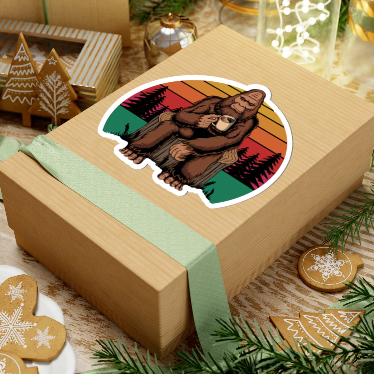 Coffee Drinking Bigfoot Kiss-Cut Sticker | Sasquatch Retro Sunset