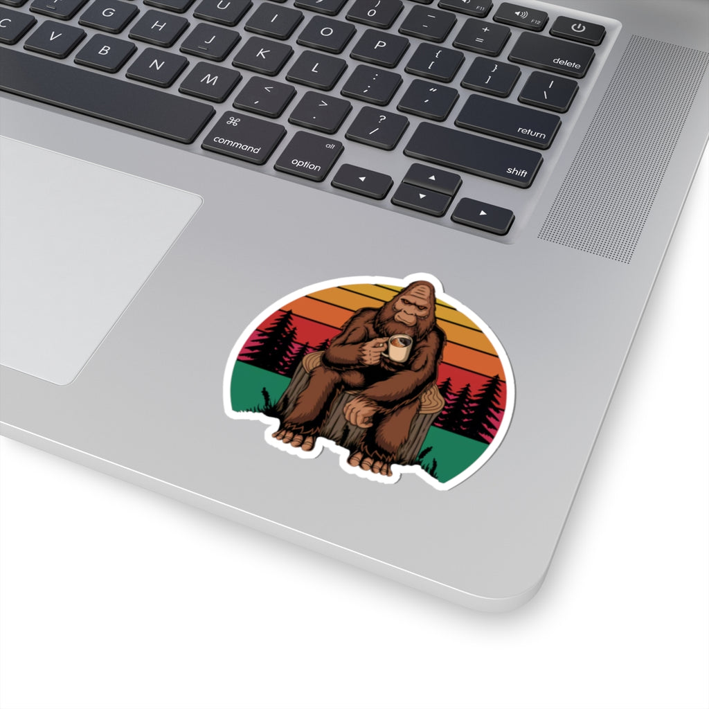 Coffee Drinking Bigfoot Kiss-Cut Sticker | Sasquatch Retro Sunset