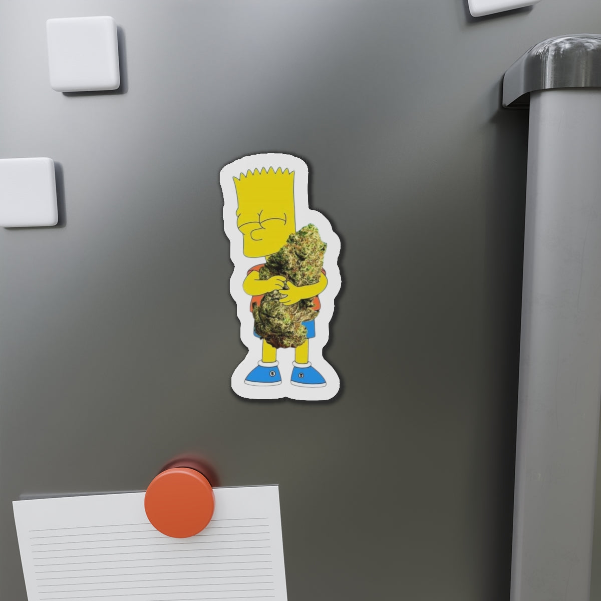 Cartoon Kid Hugging Giant Bud Die-Cut Magnet | Refrigerator Sticker