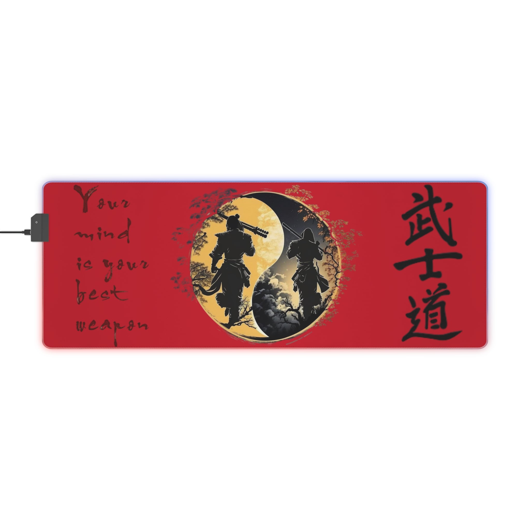 Samurai Yin Yang LED Gaming Mouse Pad | Warrior Silhouette, Kanji, Motivational Quote