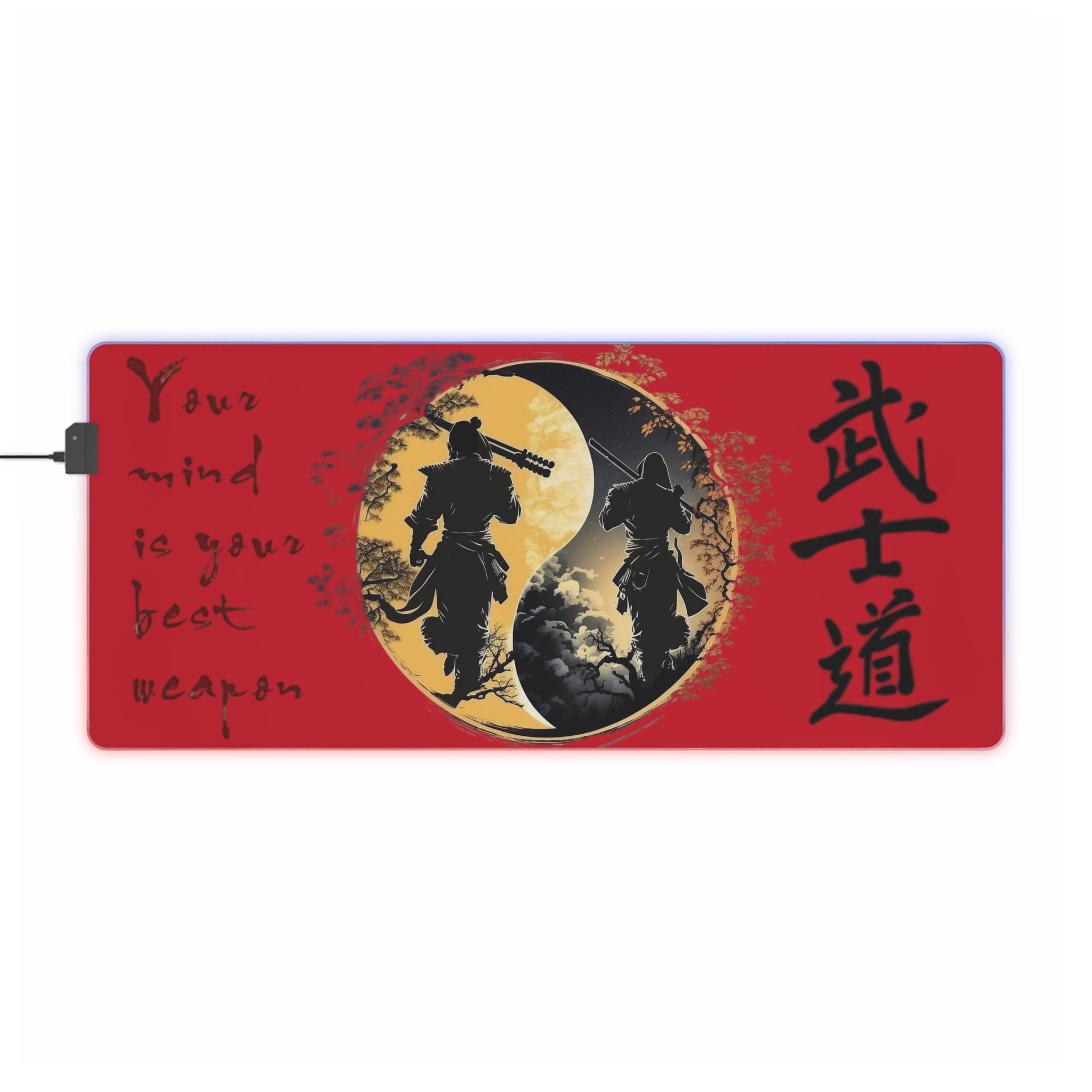 Samurai Yin Yang LED Gaming Mouse Pad | Warrior Silhouette, Kanji, Motivational Quote