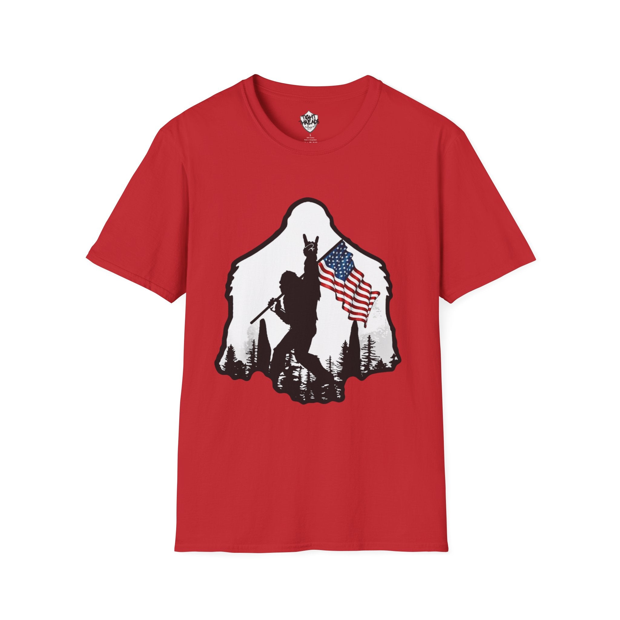 Bigfoot Silhouette Holding American Flag T-Shirt | Forest Outdoors Patriot