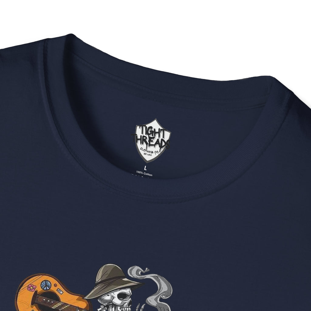 Festival Vibes Unisex Softstyle T-Shirt - Skull Guitar Graphic Tee, Music Lover Gift, Boho Apparel, Unisex Summer Shirt, Cool Casual Wear