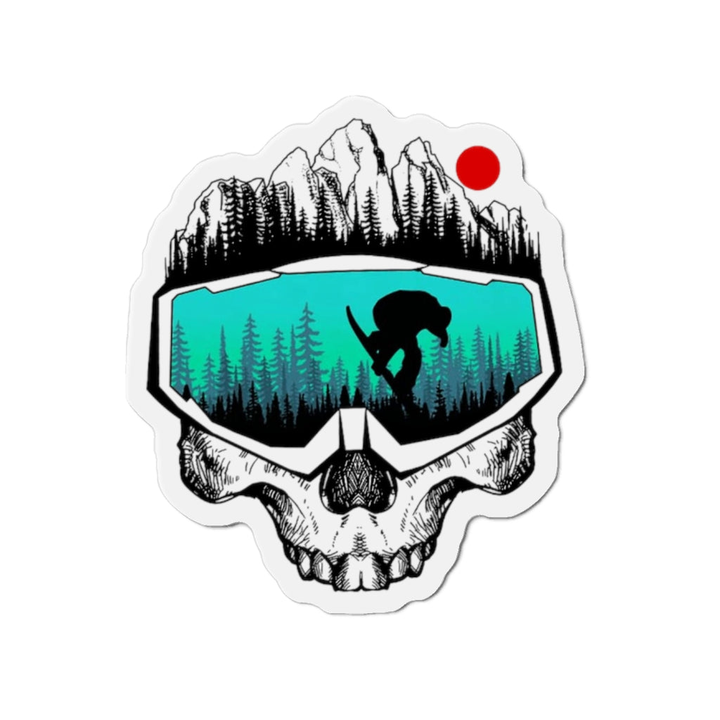 Skull Goggles Snowboarder Die-Cut Magnet | Mountain, Forest, Red Sun