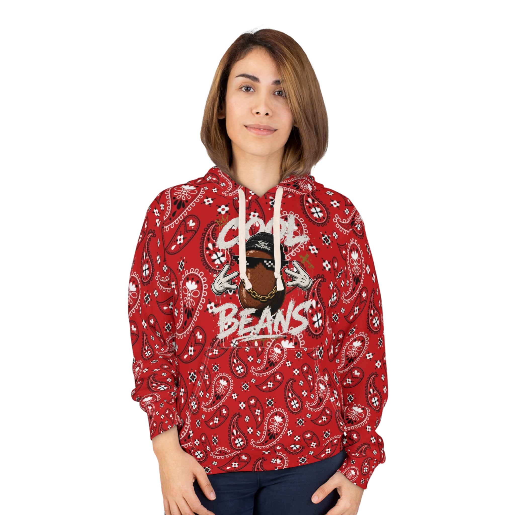 Cool Beans Bandana Graphic Hoodie | Red Paisley All-Over Print