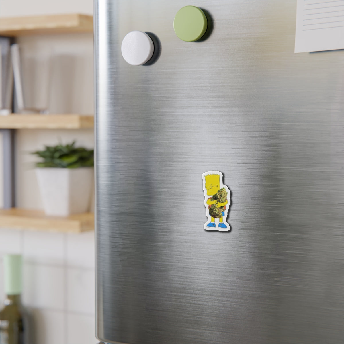 Cartoon Kid Hugging Giant Bud Die-Cut Magnet | Refrigerator Sticker