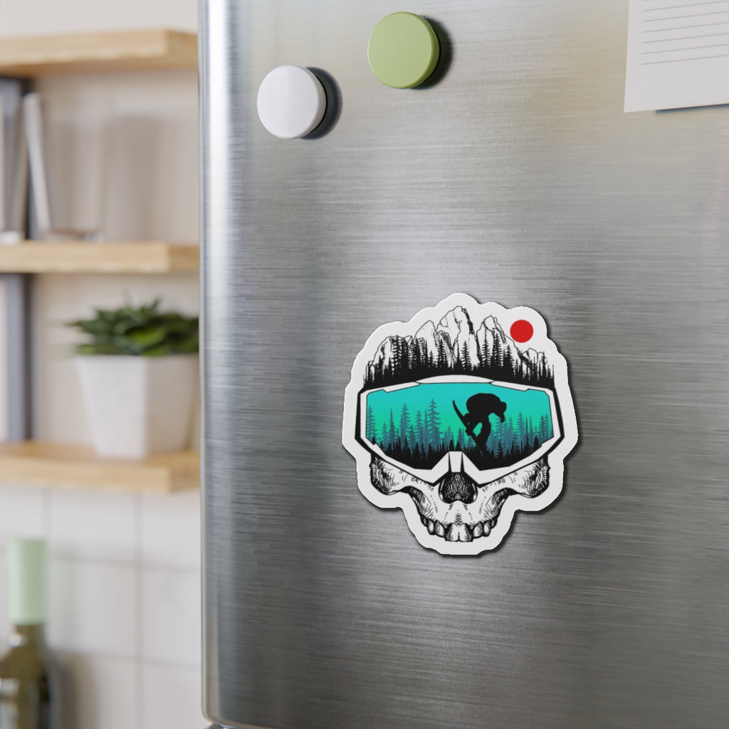 Skull Goggles Snowboarder Die-Cut Magnet | Mountain, Forest, Red Sun