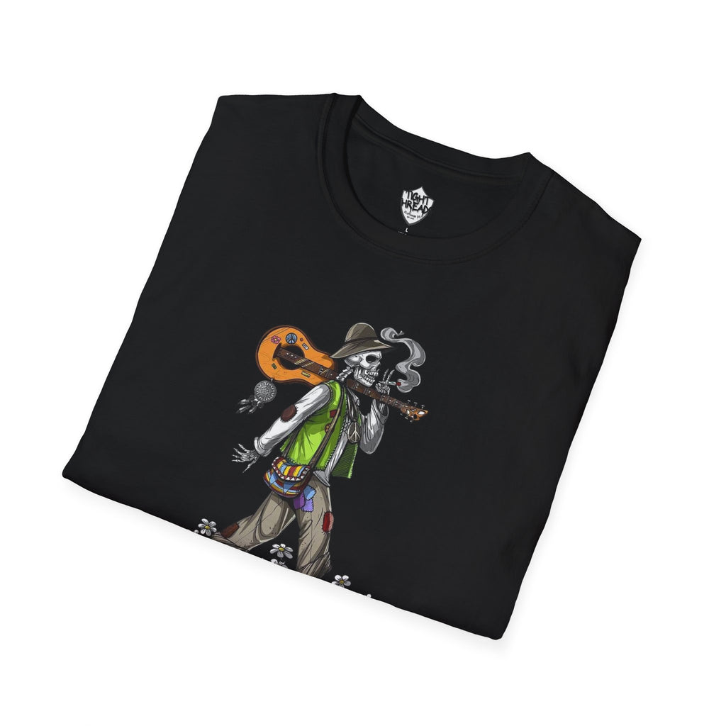 Festival Vibes Unisex Softstyle T-Shirt - Skull Guitar Graphic Tee, Music Lover Gift, Boho Apparel, Unisex Summer Shirt, Cool Casual Wear