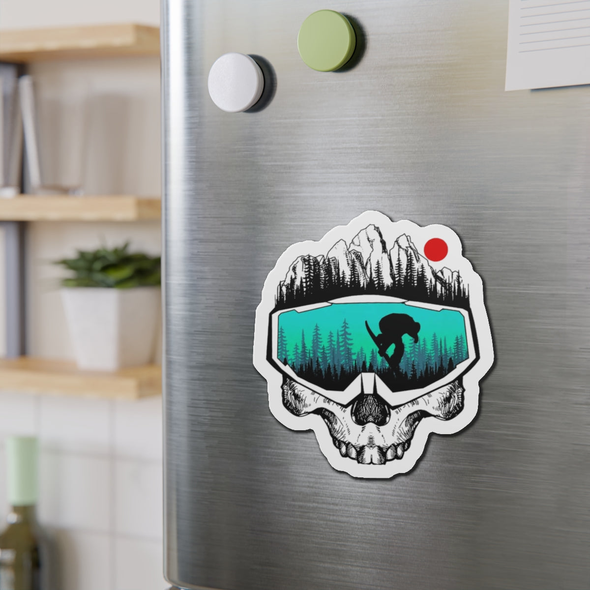 Skull Goggles Snowboarder Die-Cut Magnet | Mountain, Forest, Red Sun