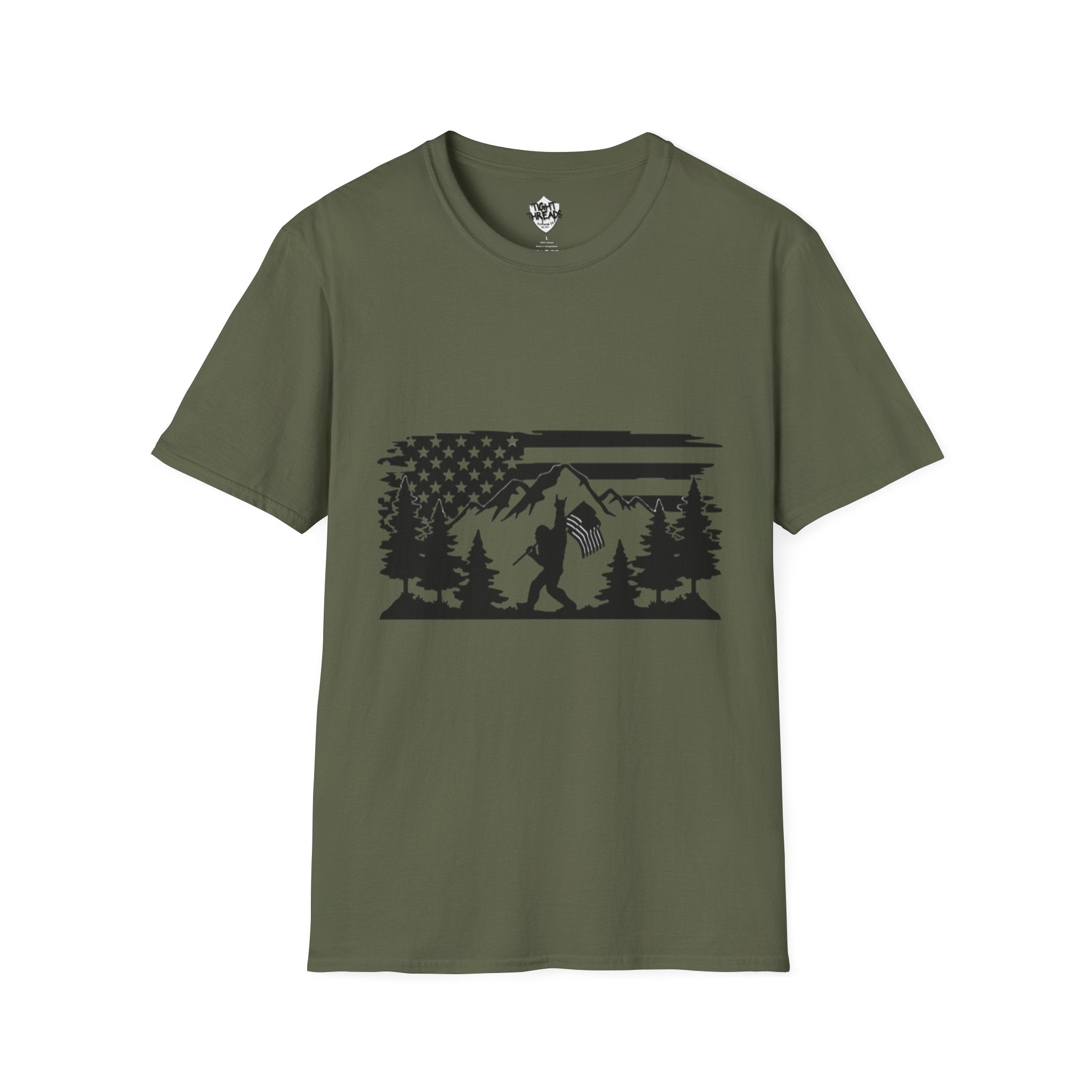 Bigfoot Forest Flag T-Shirt | Sasquatch Hiking Mountain Tee
