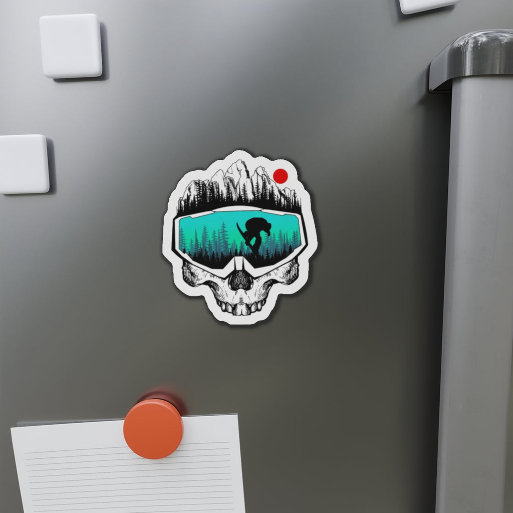 Skull Goggles Snowboarder Die-Cut Magnet | Mountain, Forest, Red Sun