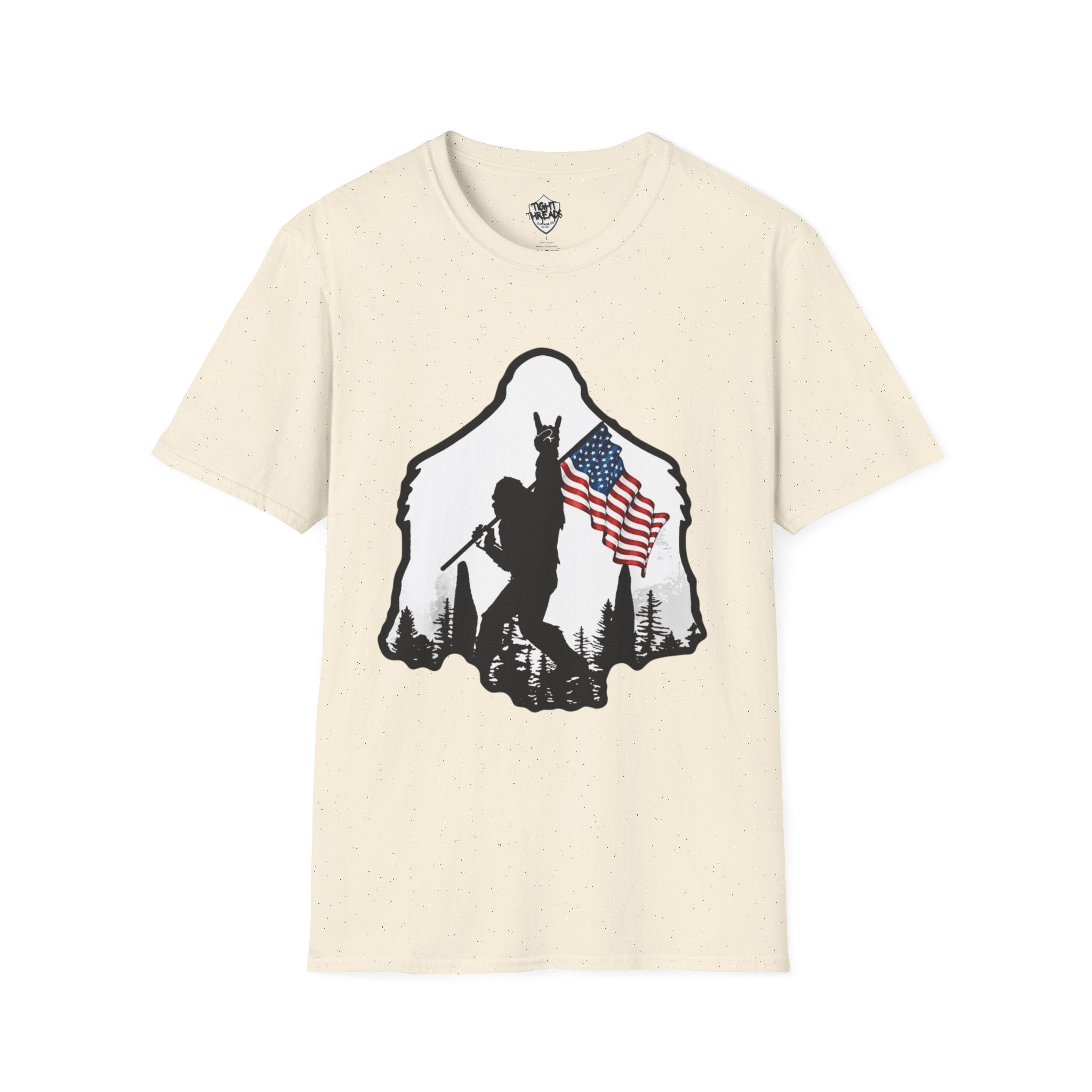 Bigfoot Silhouette Holding American Flag T-Shirt | Forest Outdoors Patriot