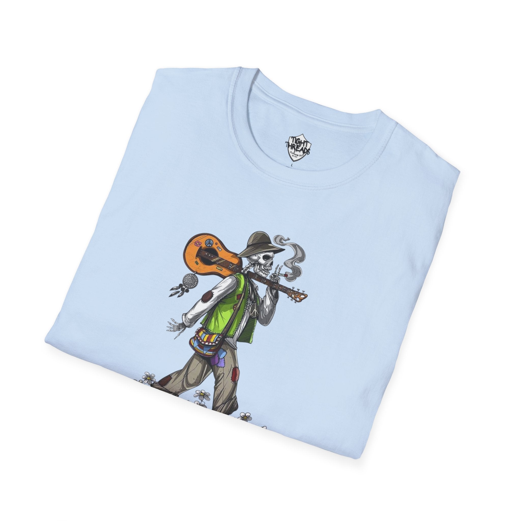 Festival Vibes Unisex Softstyle T-Shirt - Skull Guitar Graphic Tee, Music Lover Gift, Boho Apparel, Unisex Summer Shirt, Cool Casual Wear