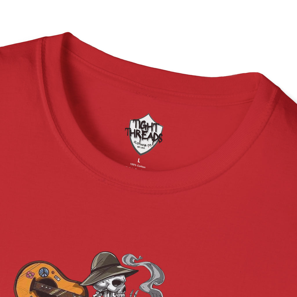 Festival Vibes Unisex Softstyle T-Shirt - Skull Guitar Graphic Tee, Music Lover Gift, Boho Apparel, Unisex Summer Shirt, Cool Casual Wear
