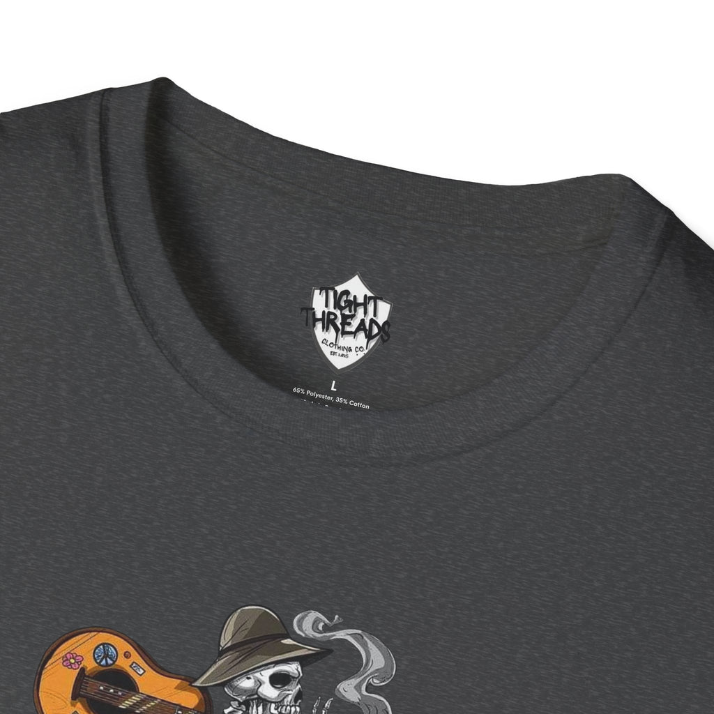 Festival Vibes Unisex Softstyle T-Shirt - Skull Guitar Graphic Tee, Music Lover Gift, Boho Apparel, Unisex Summer Shirt, Cool Casual Wear