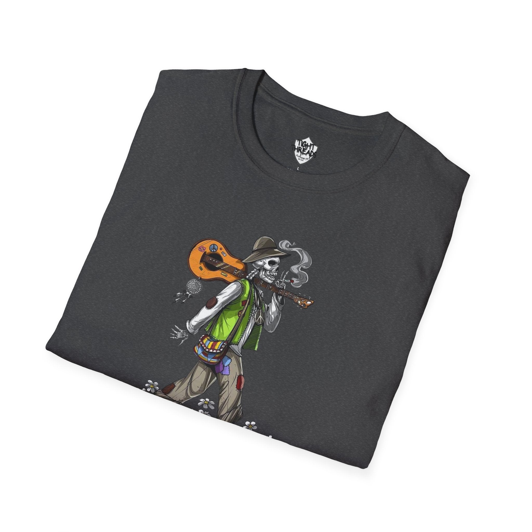 Festival Vibes Unisex Softstyle T-Shirt - Skull Guitar Graphic Tee, Music Lover Gift, Boho Apparel, Unisex Summer Shirt, Cool Casual Wear