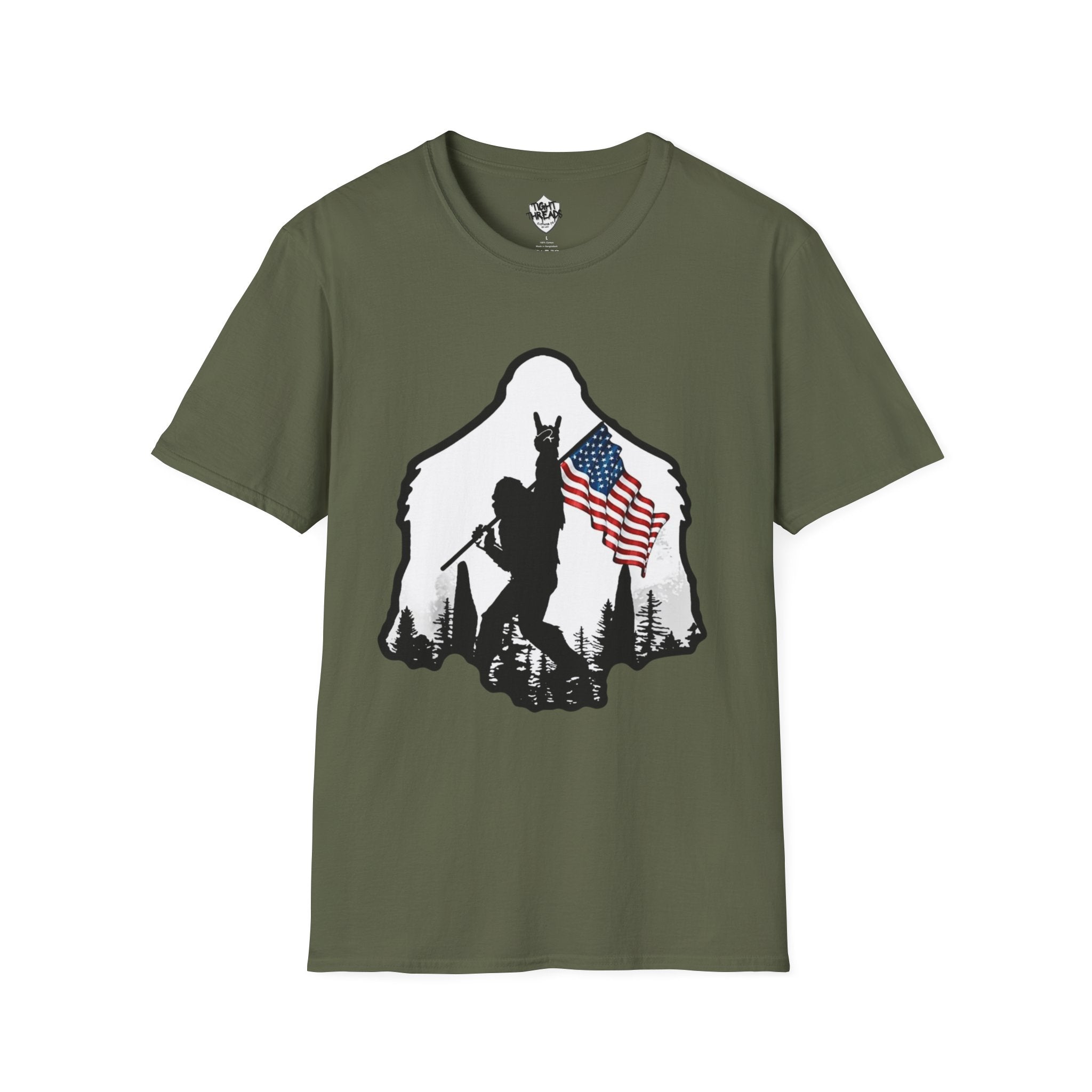 Bigfoot Silhouette Holding American Flag T-Shirt | Forest Outdoors Patriot