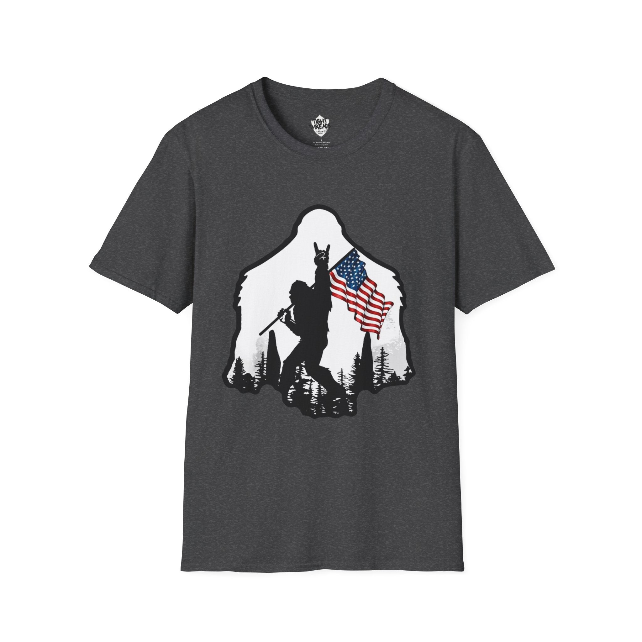 Bigfoot Silhouette Holding American Flag T-Shirt | Forest Outdoors Patriot