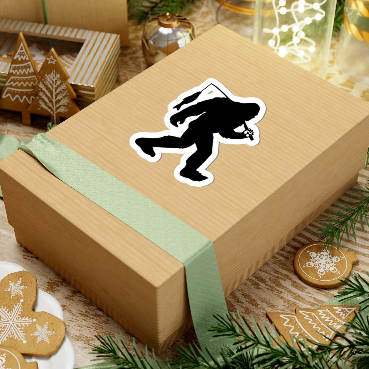 Bigfoot Silhouette with Fish Sticker | Kiss-Cut Sticker