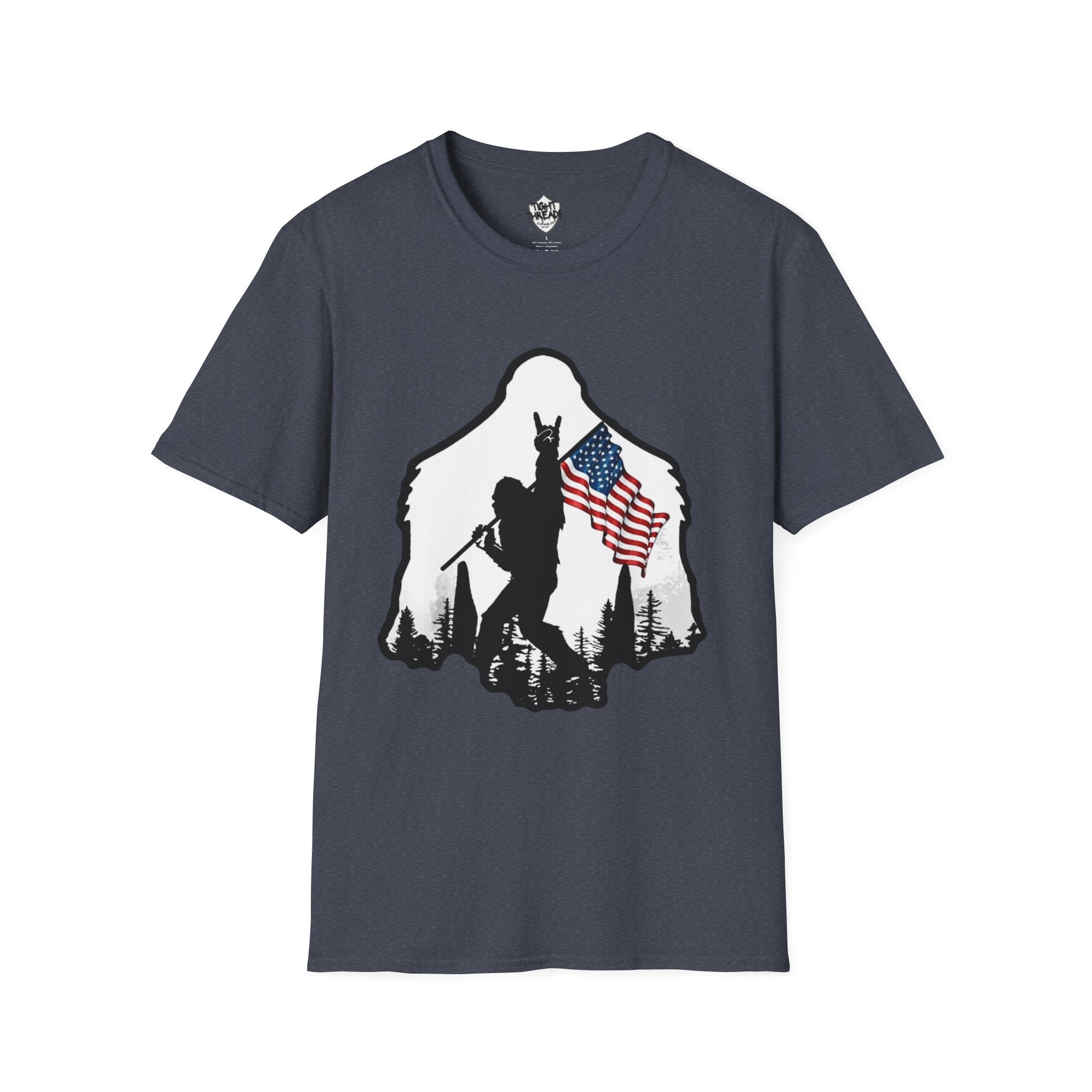 Bigfoot Silhouette Holding American Flag T-Shirt | Forest Outdoors Patriot