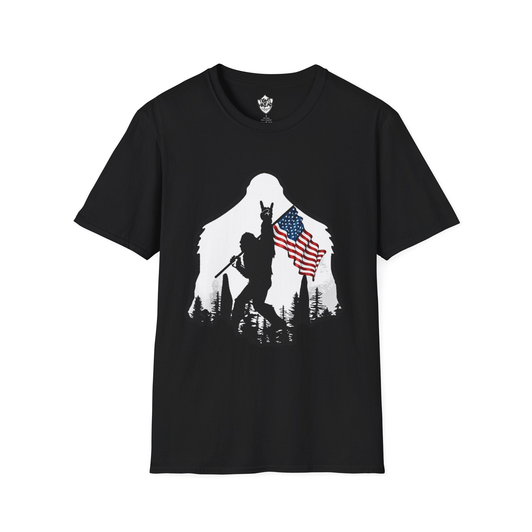 Bigfoot Silhouette Holding American Flag T-Shirt | Forest Outdoors Patriot