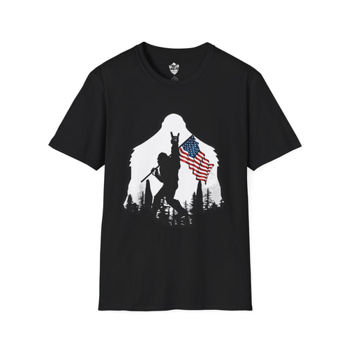 Bigfoot Silhouette Holding American Flag T-Shirt | Forest Outdoors Patriot