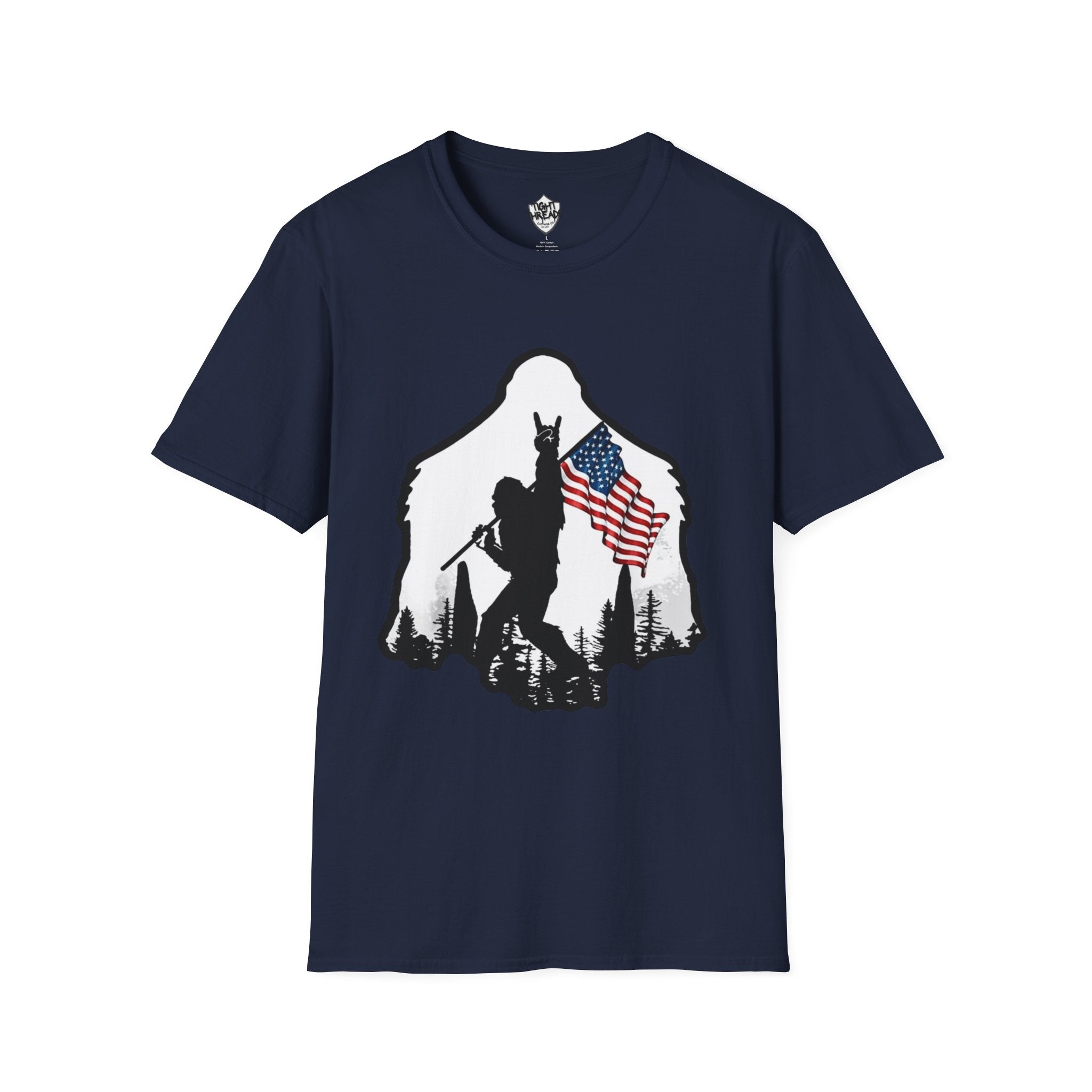 Bigfoot Silhouette Holding American Flag T-Shirt | Forest Outdoors Patriot
