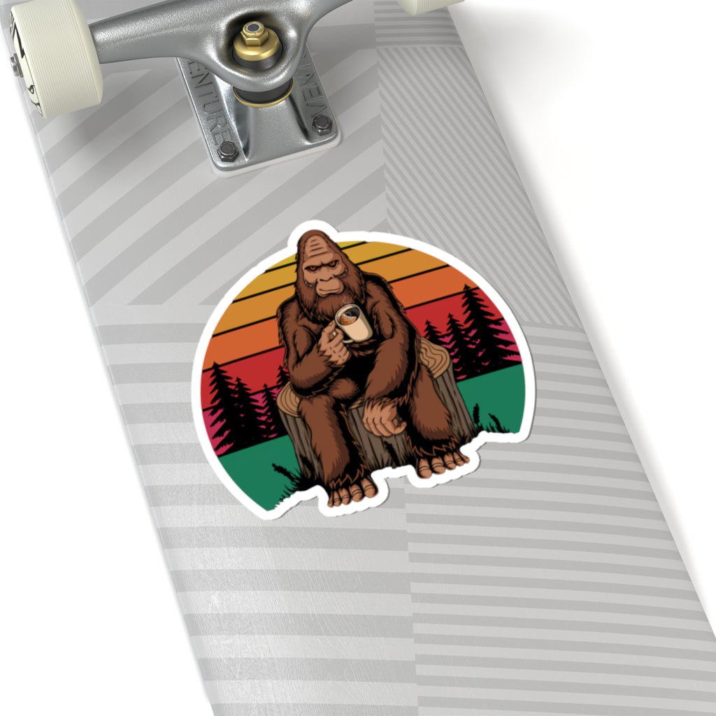 Coffee Drinking Bigfoot Kiss-Cut Sticker | Sasquatch Retro Sunset