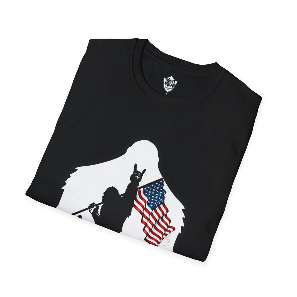 Bigfoot Silhouette Holding American Flag T-Shirt | Forest Outdoors Patriot