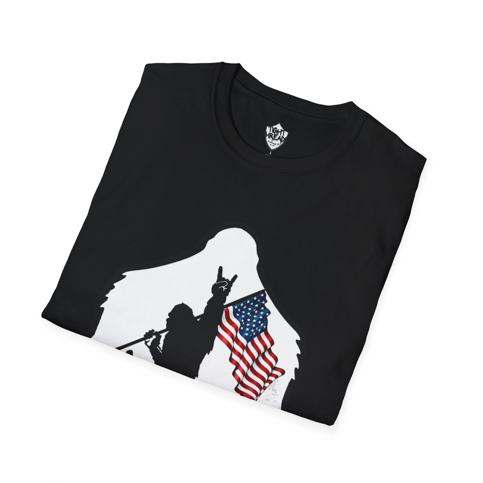 Bigfoot Silhouette Holding American Flag T-Shirt | Forest Outdoors Patriot