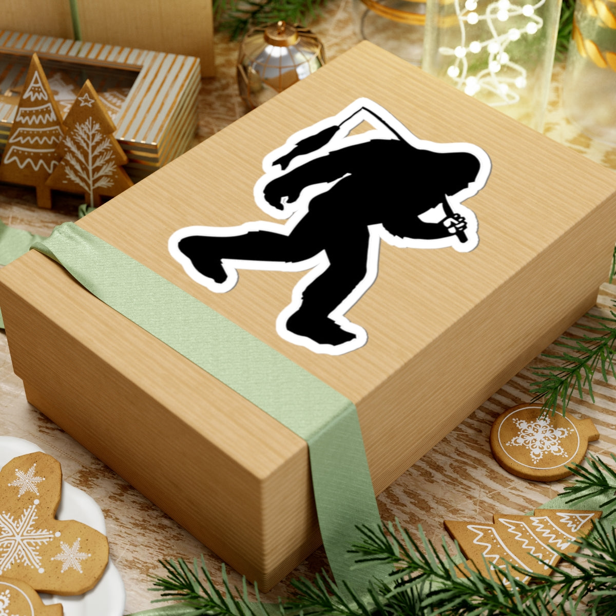Bigfoot Silhouette with Fish Sticker | Kiss-Cut Sticker