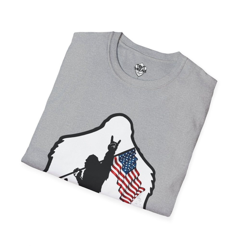 Bigfoot Silhouette Holding American Flag T-Shirt | Forest Outdoors Patriot