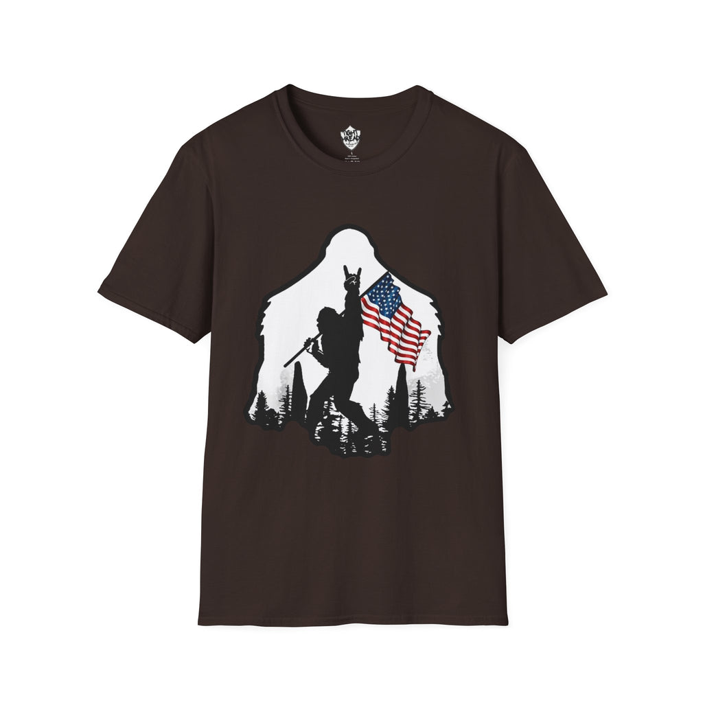 Bigfoot Silhouette Holding American Flag T-Shirt | Forest Outdoors Patriot