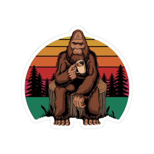 Coffee Drinking Bigfoot Kiss-Cut Sticker | Sasquatch Retro Sunset