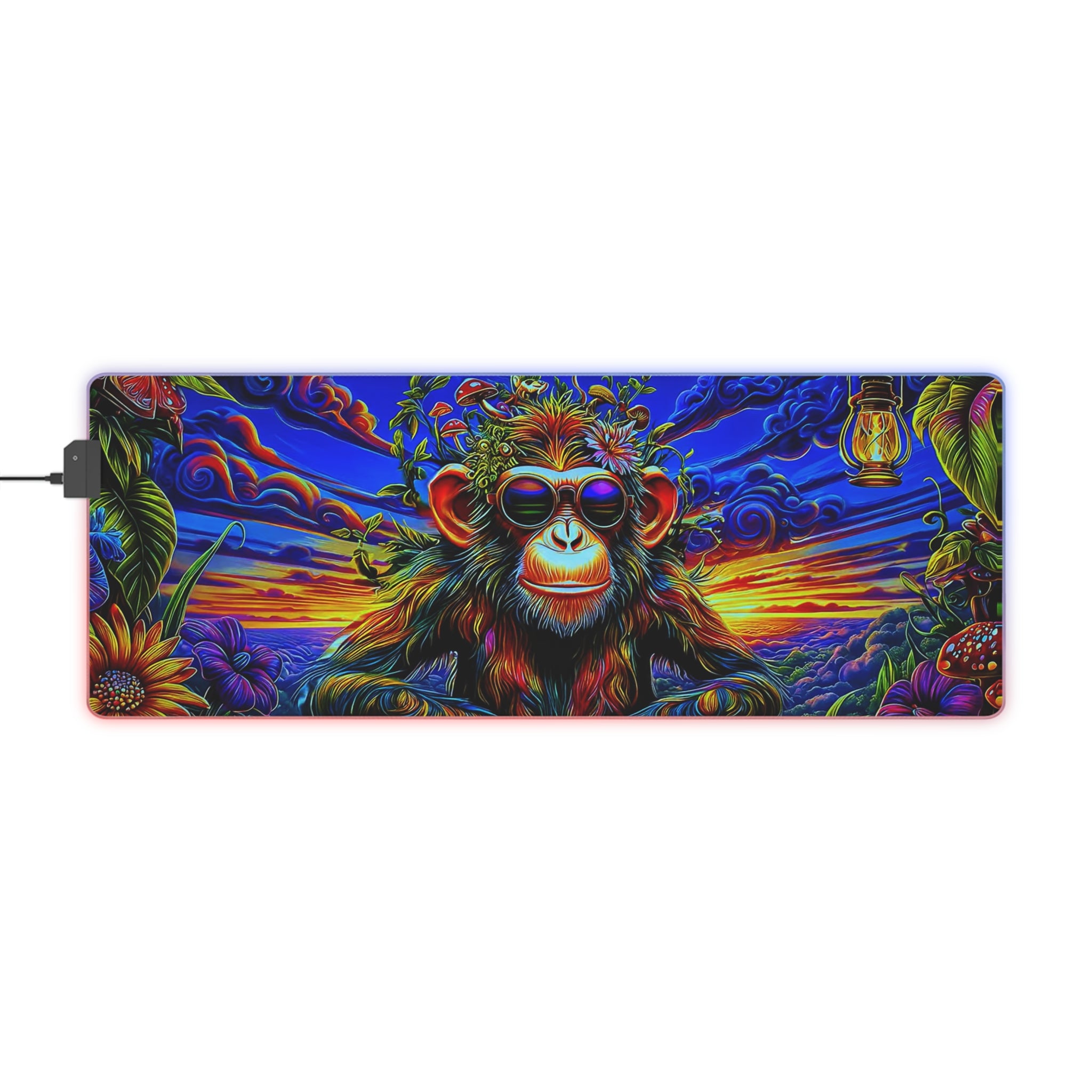 Psychedelic Sunset Mushroom Monkey LED Gaming Mouse Pad | Colorful Sunset Jungle